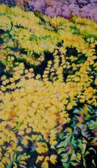 a painting of yellow flowers in a field