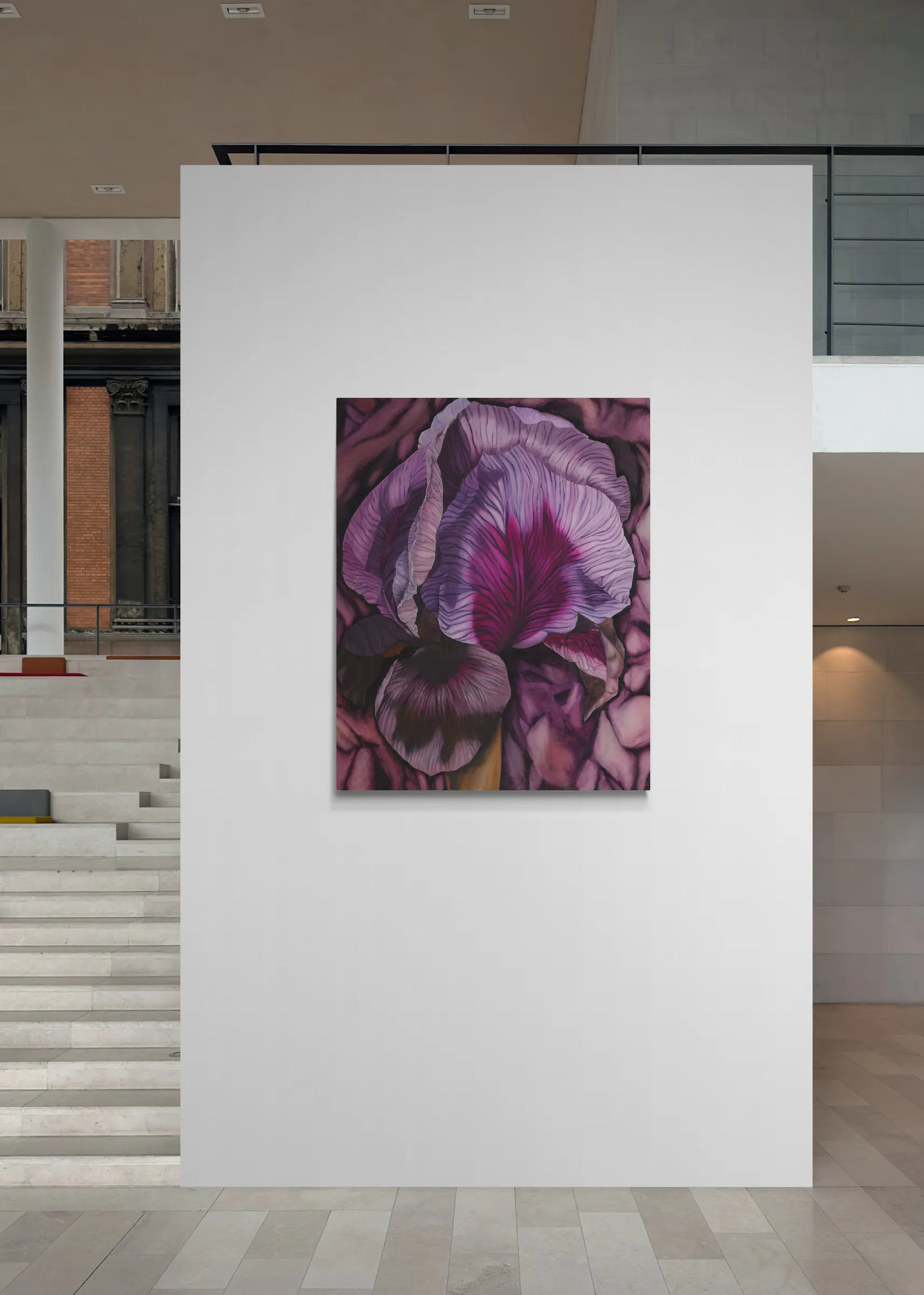 A painting of a purple iris flower on a purple background.