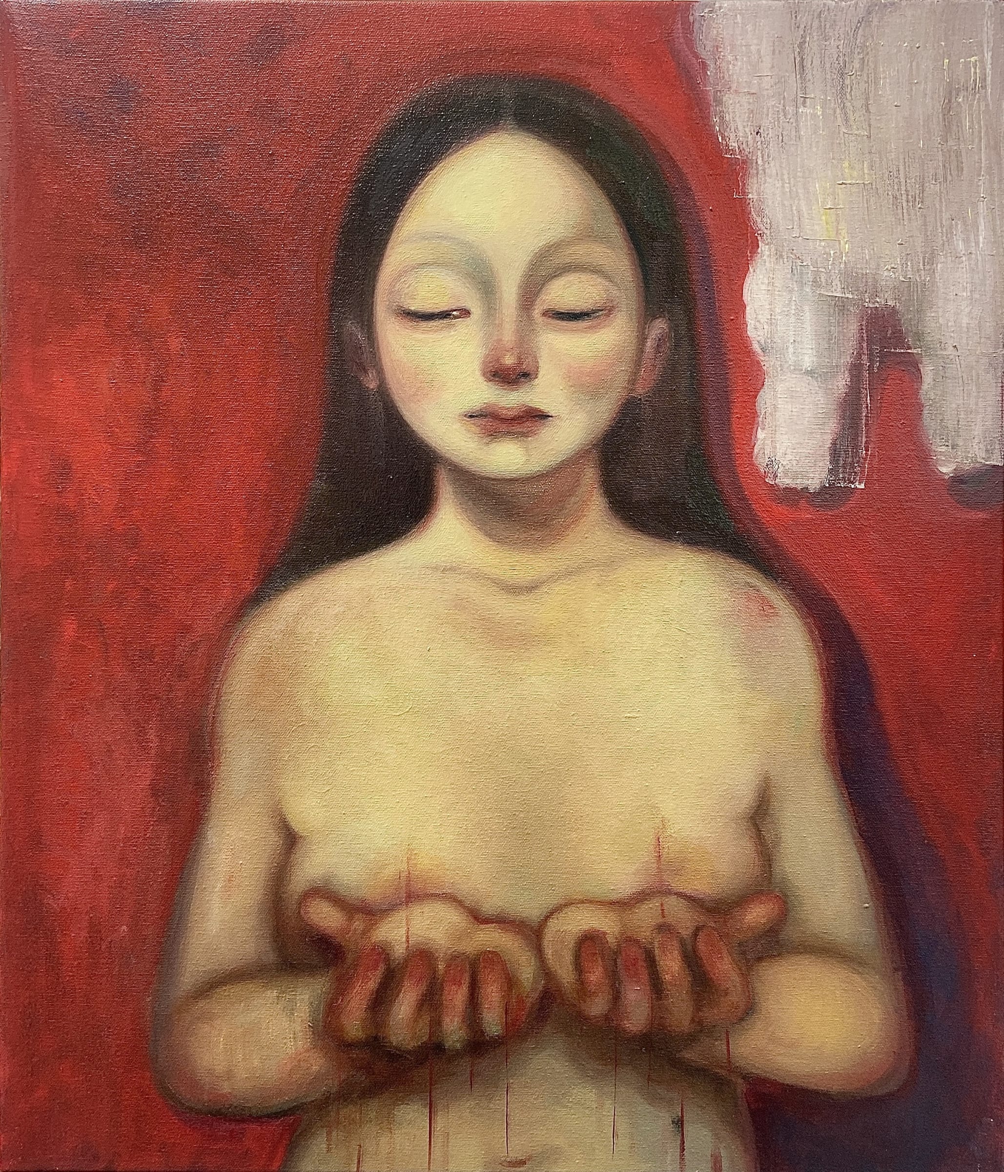A painting of a woman with her hands clasped in prayer.