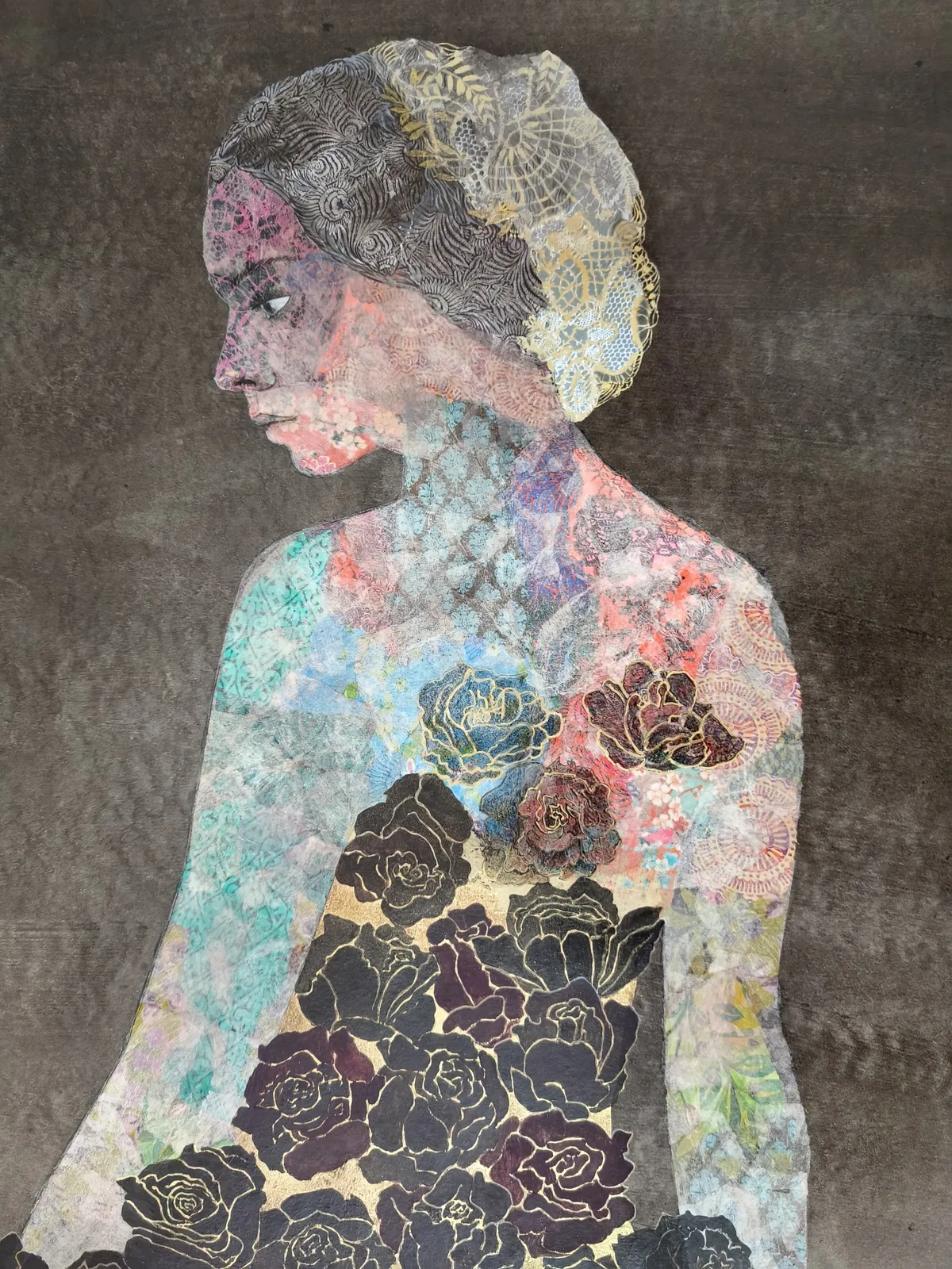 A collage of a woman with flowers in her hair.