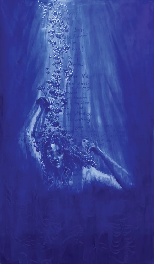 A painting of a woman swimming in the ocean.