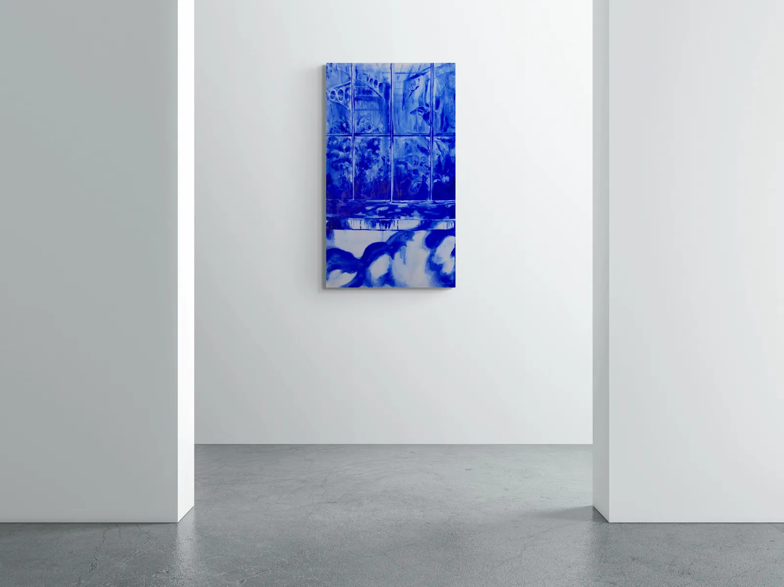 A monochromatic blue artwork featuring a grid of window panes and abstract reflections.