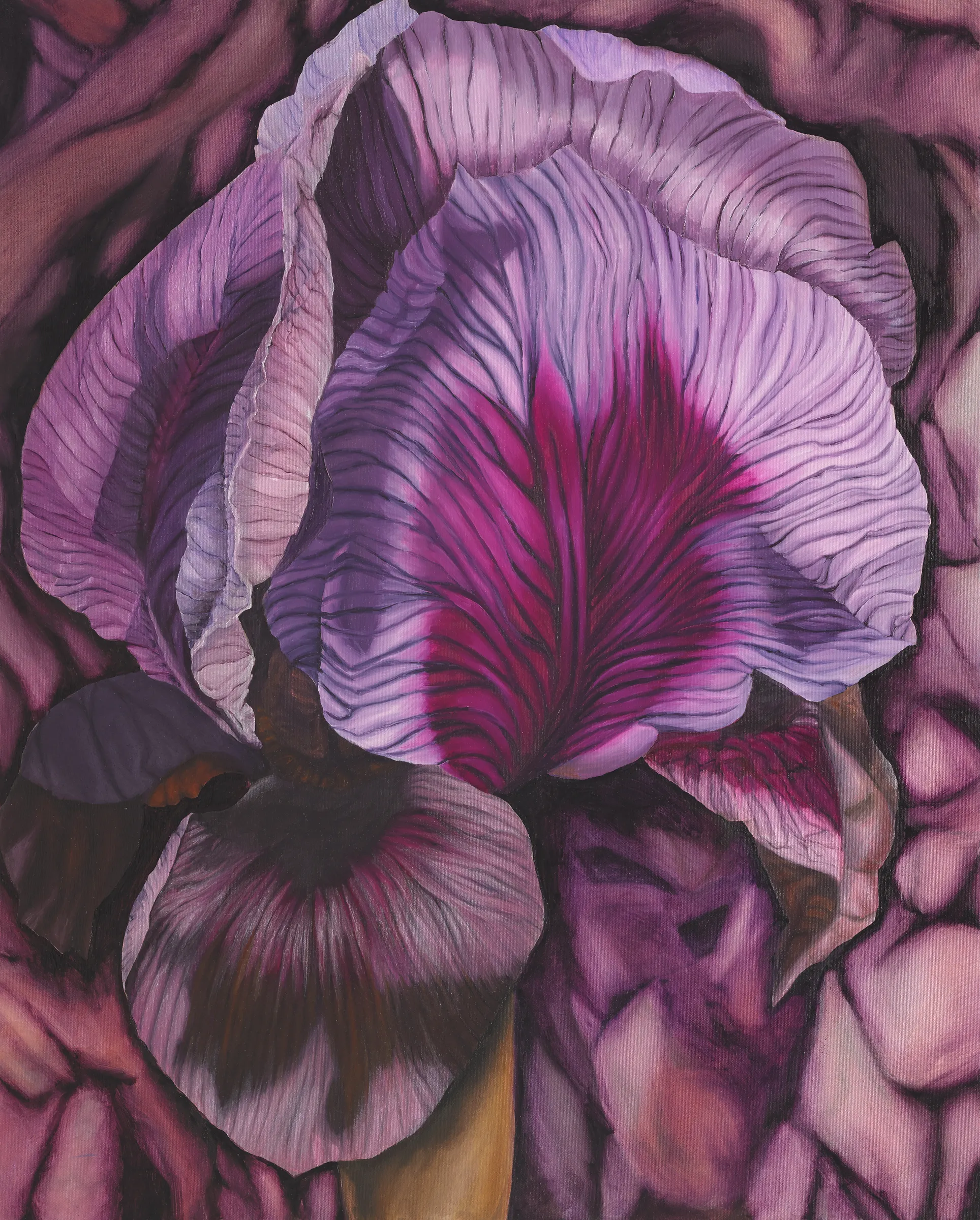 A painting of a purple iris flower on a purple background.