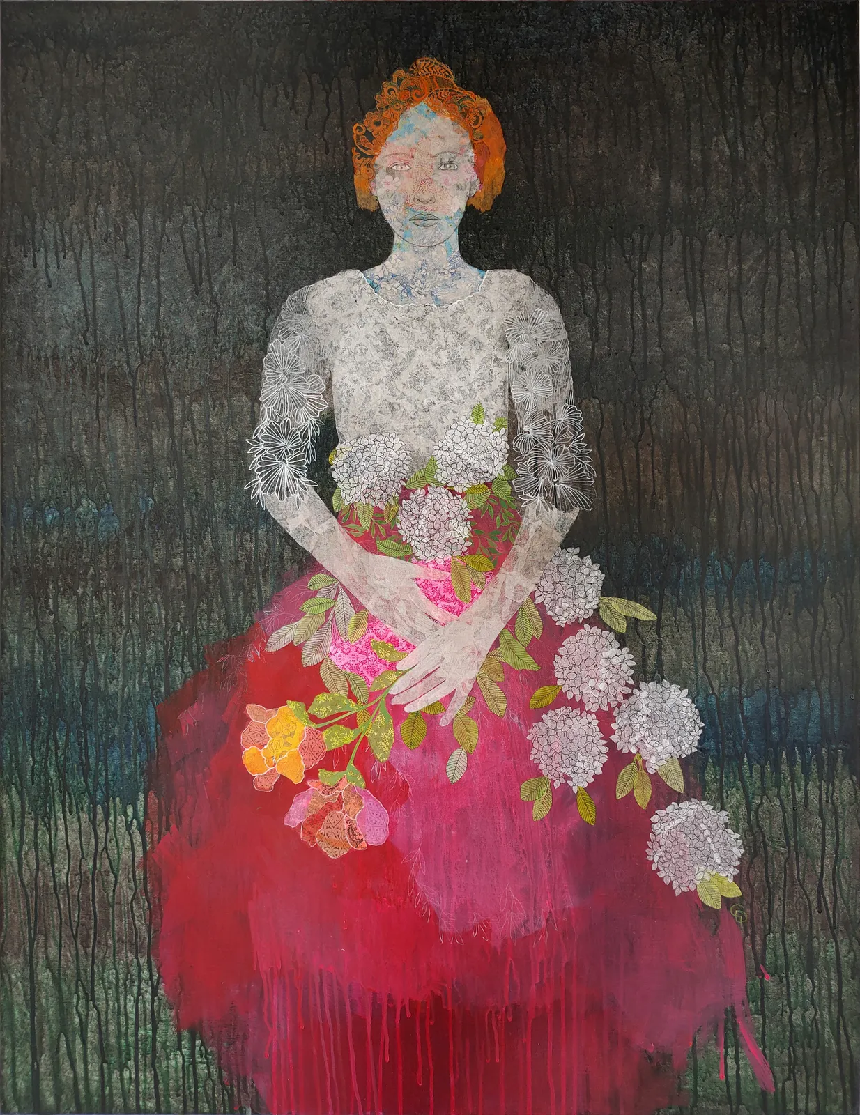 A painting of a woman in a red dress holding flowers.
