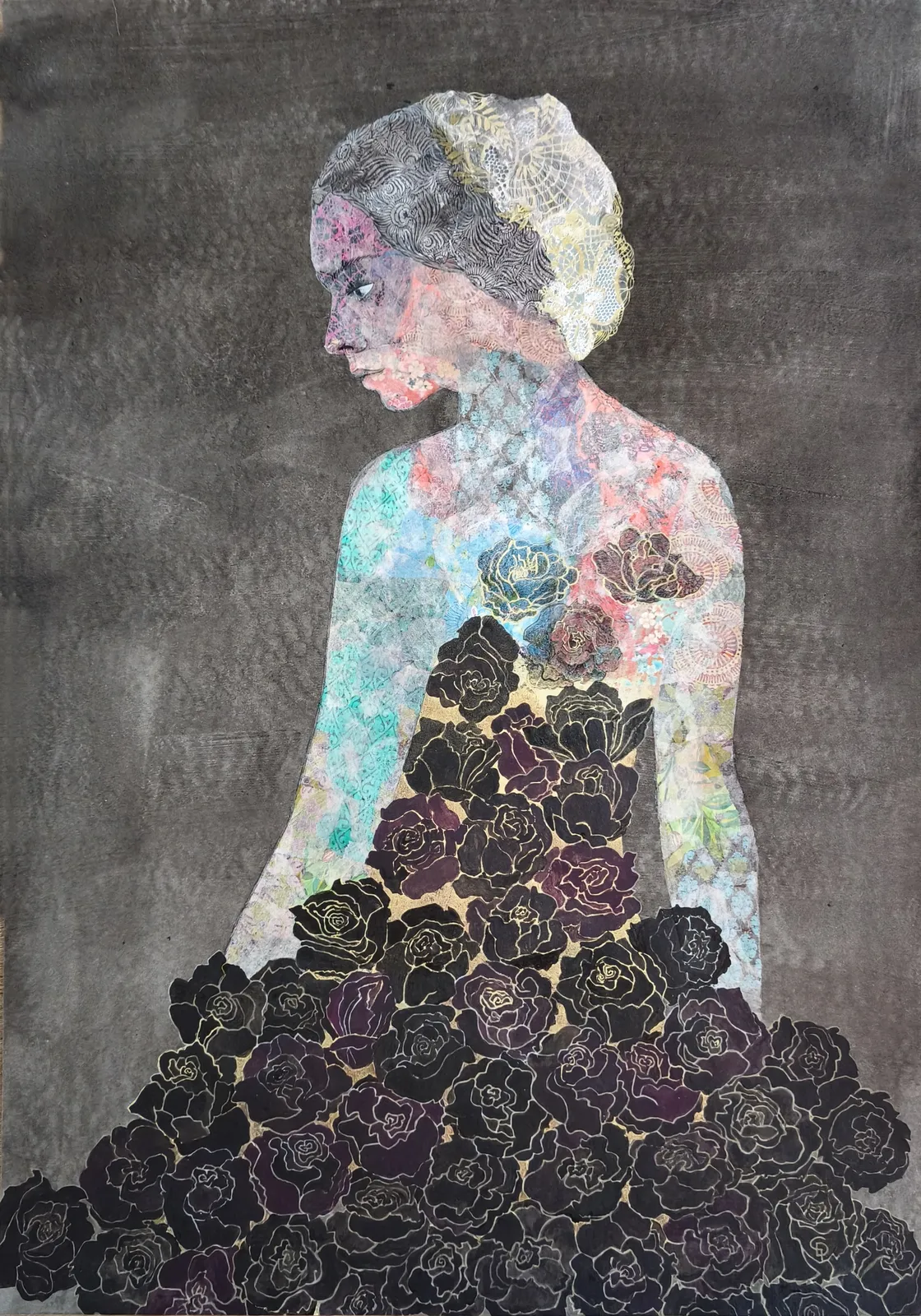 A collage of a woman with flowers in her hair.
