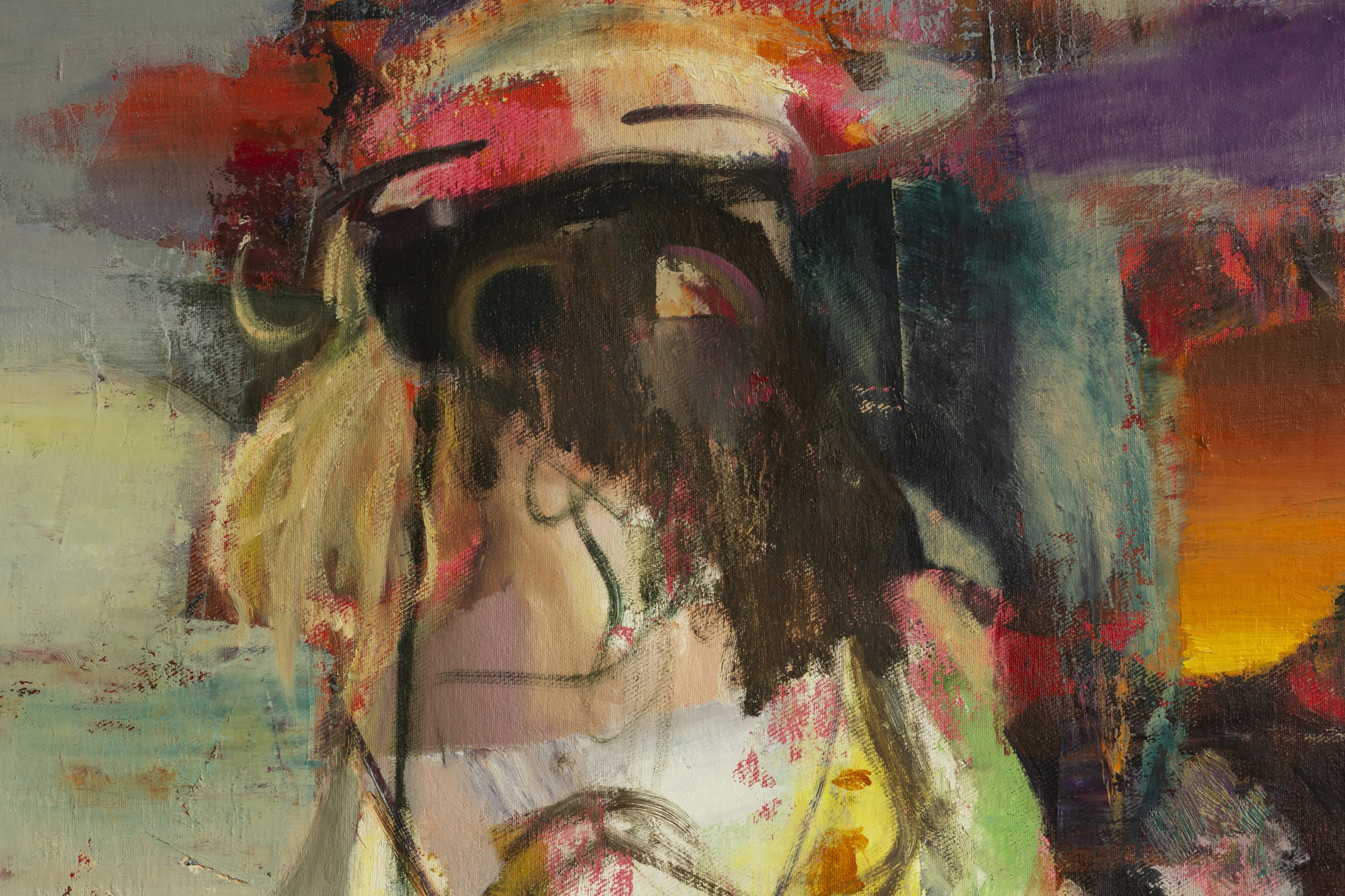 A painting of a woman standing in front of a sunset.