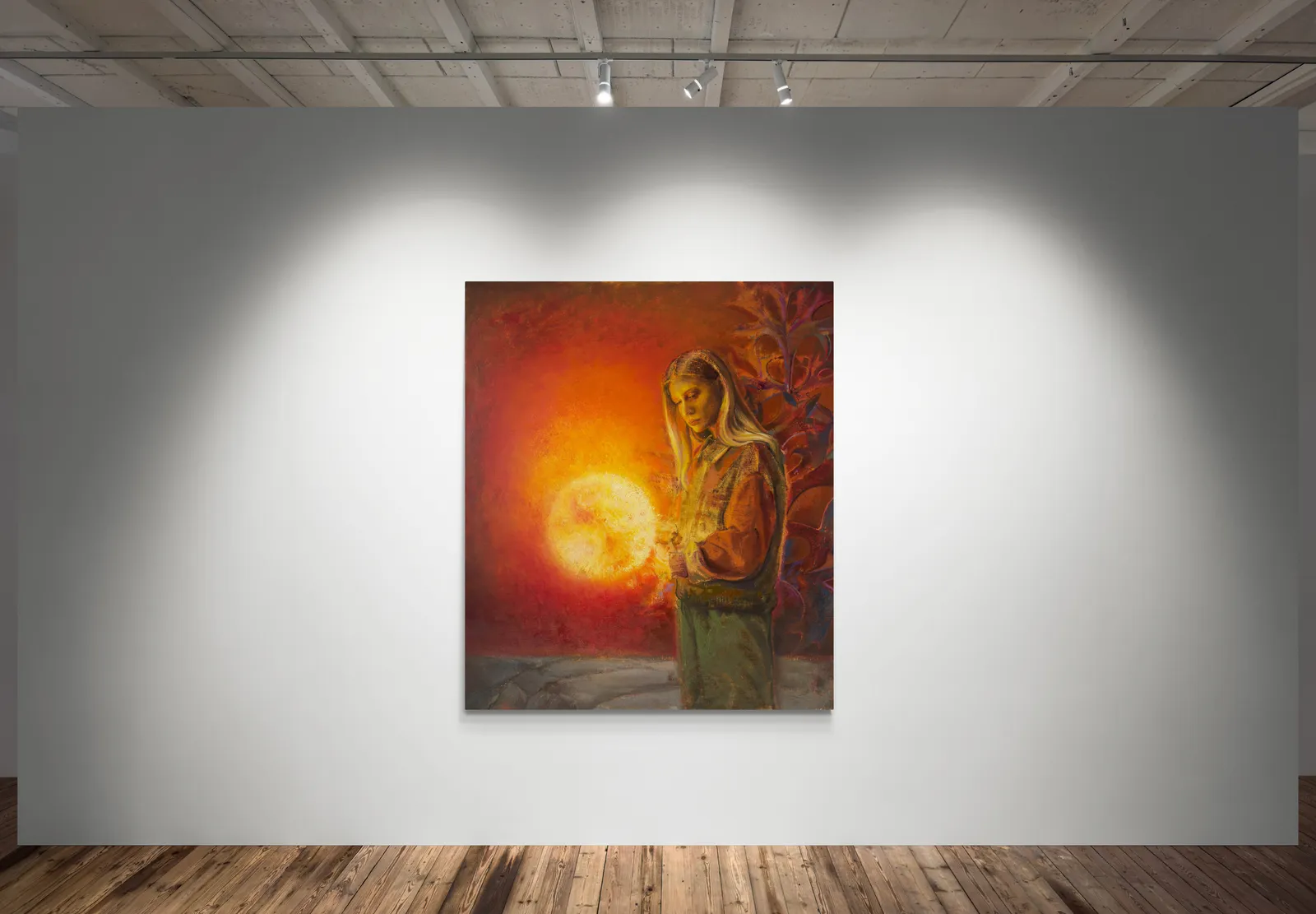 A painting of a woman holding a candle in front of a sun.