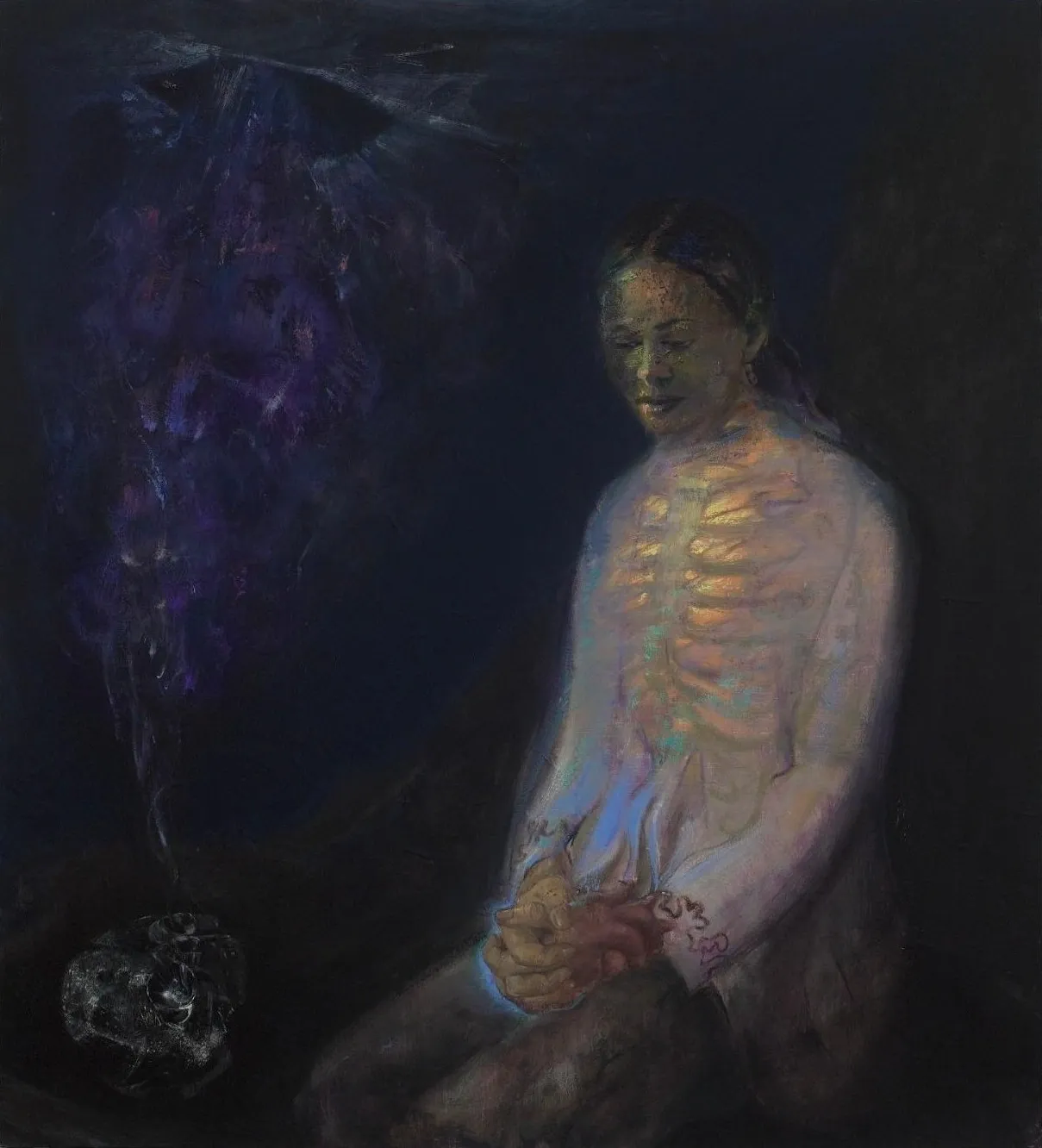 A painting of a woman sitting in front of a black background.