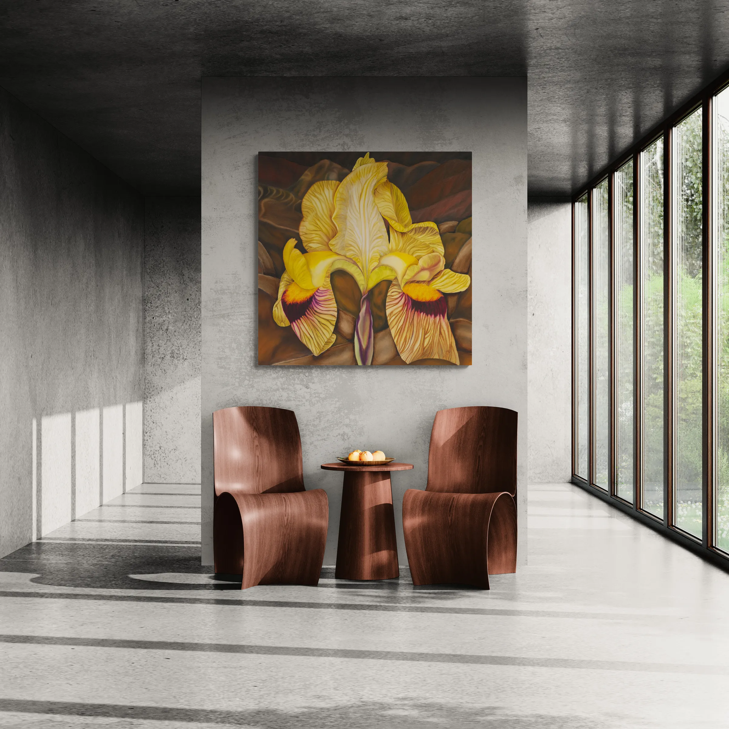 A painting of two yellow iris flowers on a brown background.