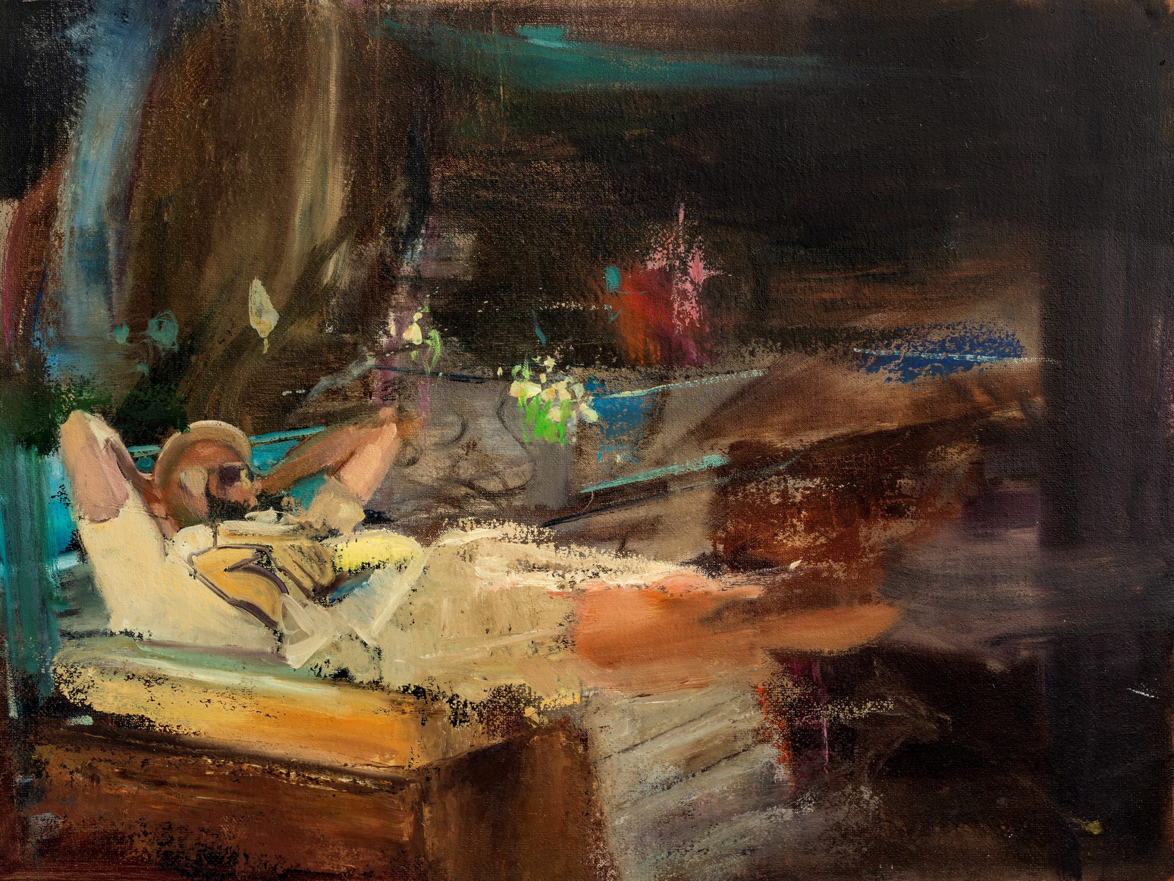A painting of a person laying on a bed.