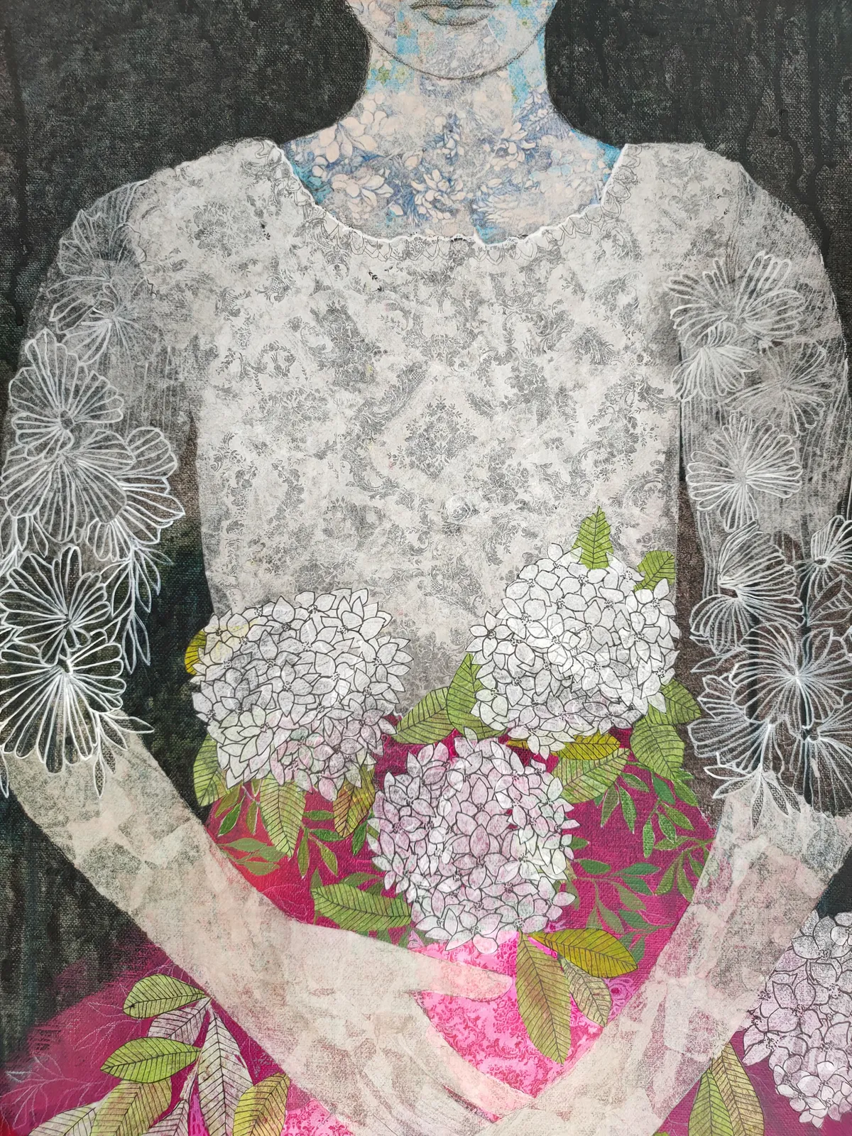 A painting of a woman in a red dress holding flowers.