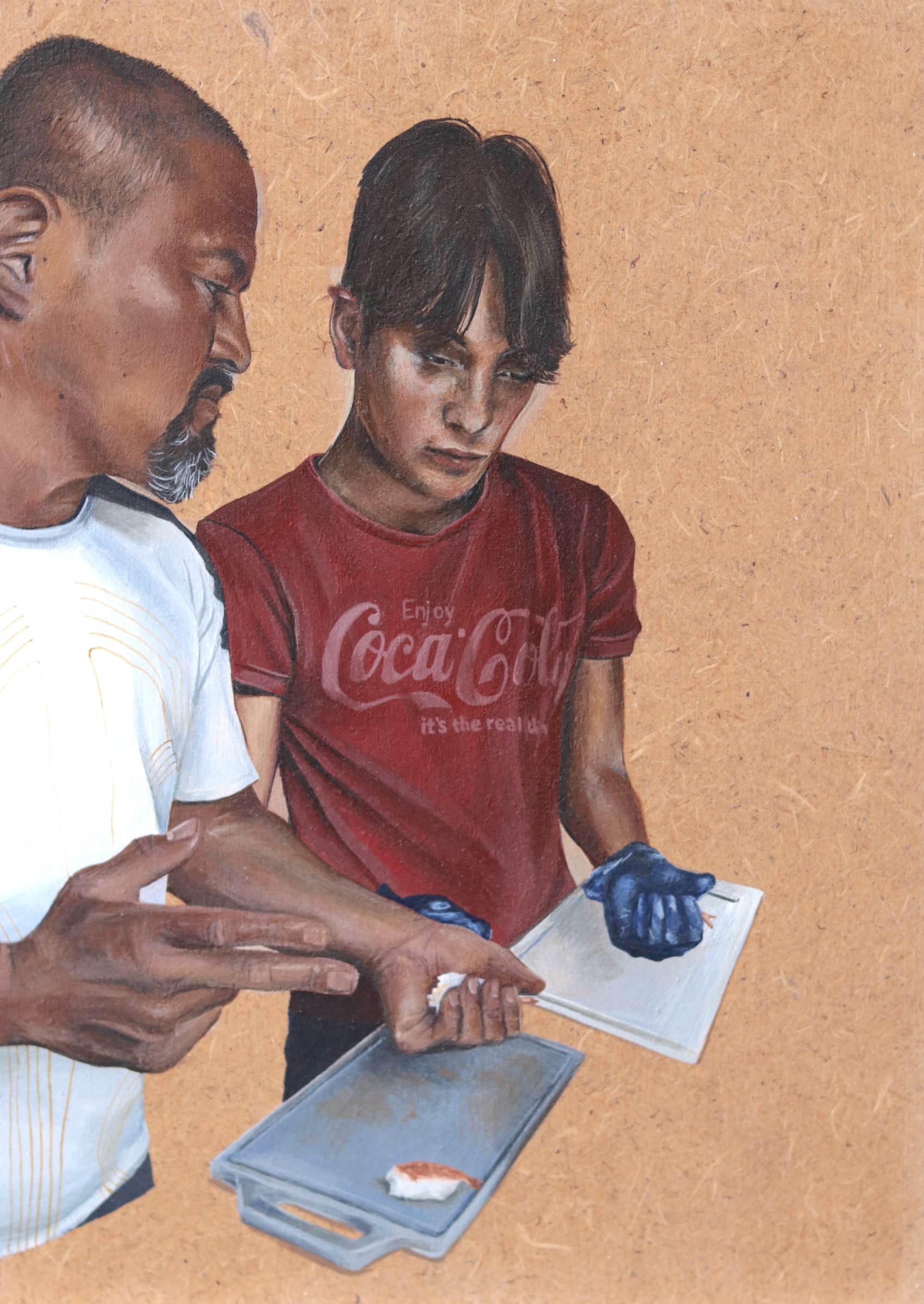 A painting of a man and a boy preparing food together.
