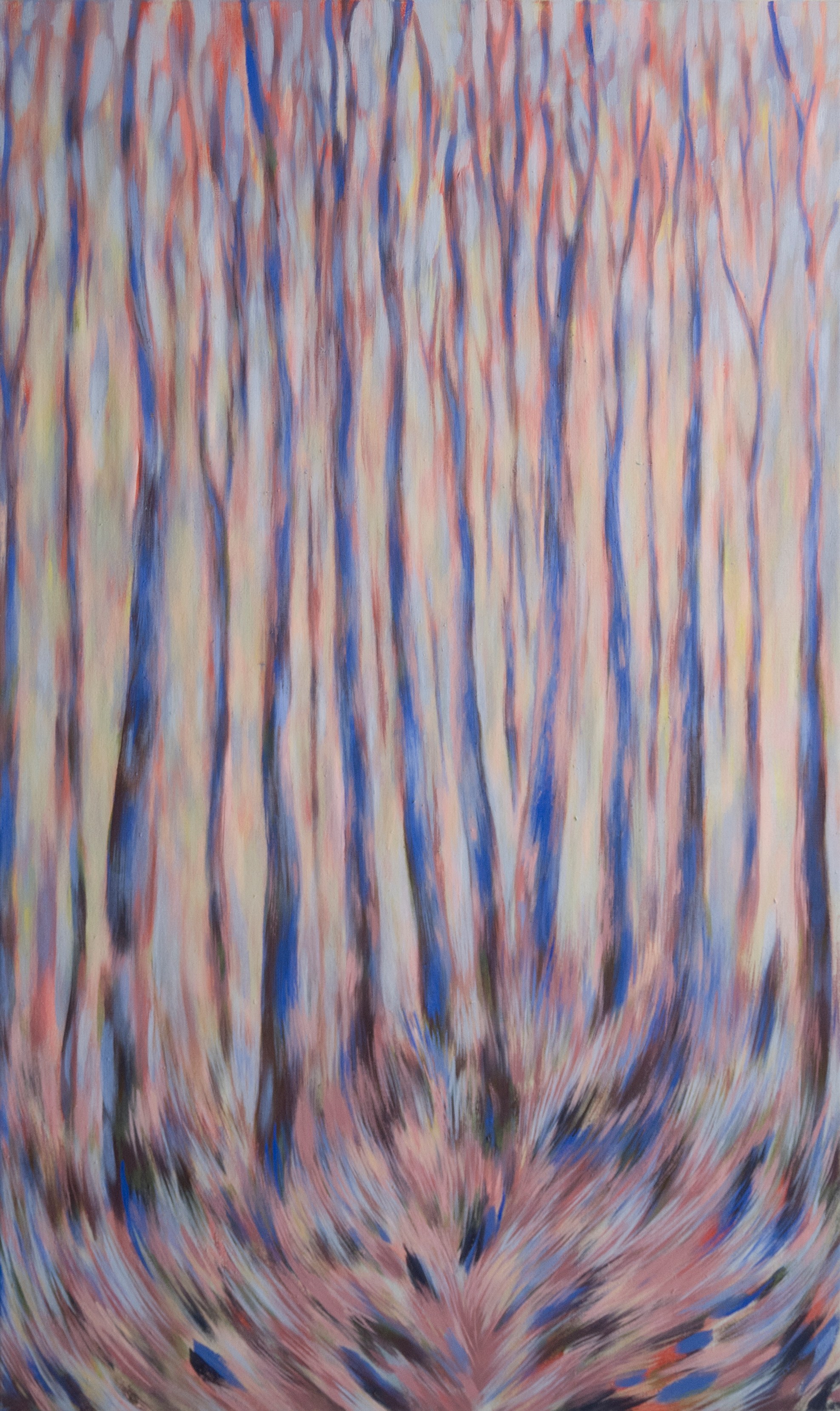 A painting of a forest with trees in the background.
