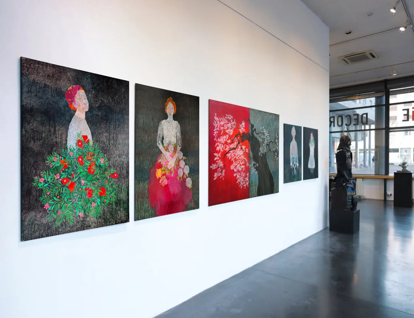 A painting of a woman in a red dress holding flowers.