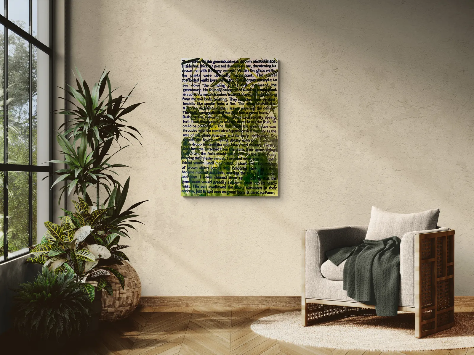 A watercolor painting of a green house with a poem written on it.