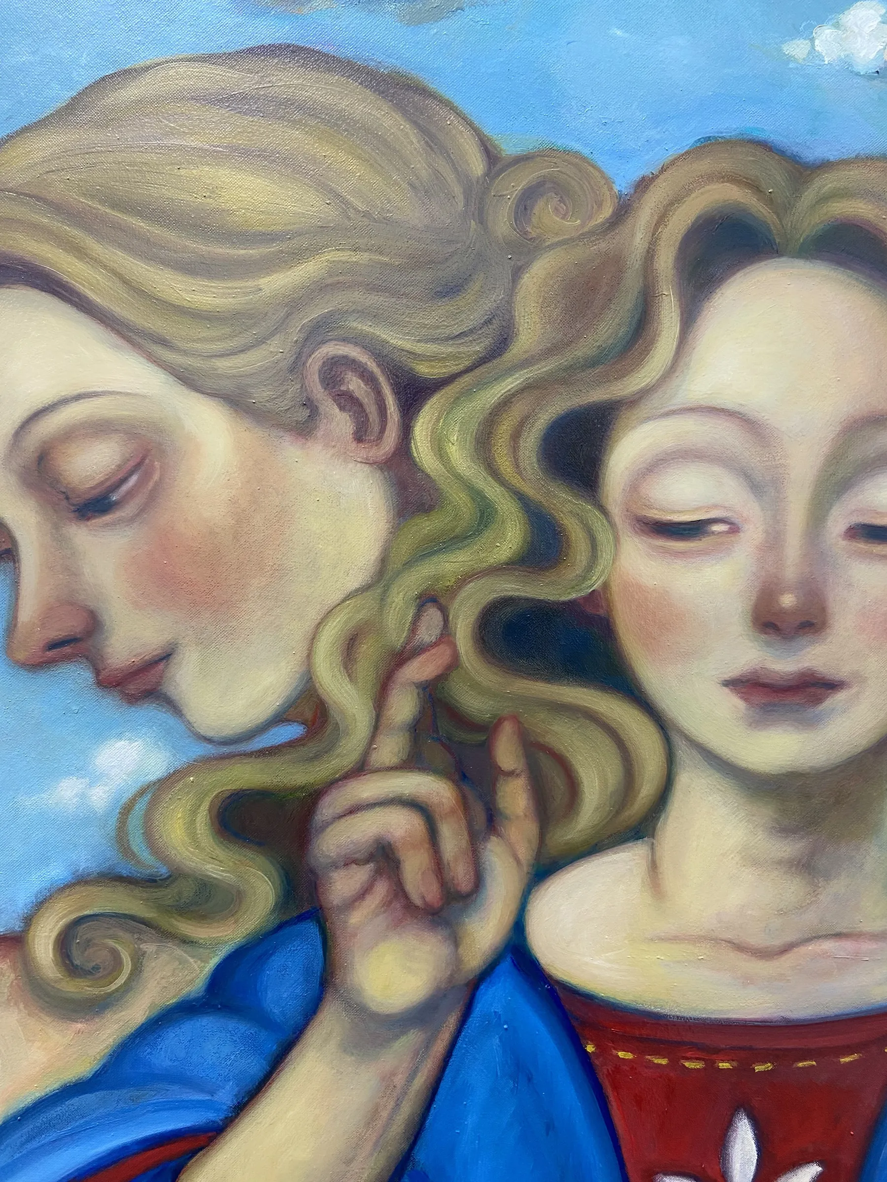 A painting of two angels holding a stick in their hands.