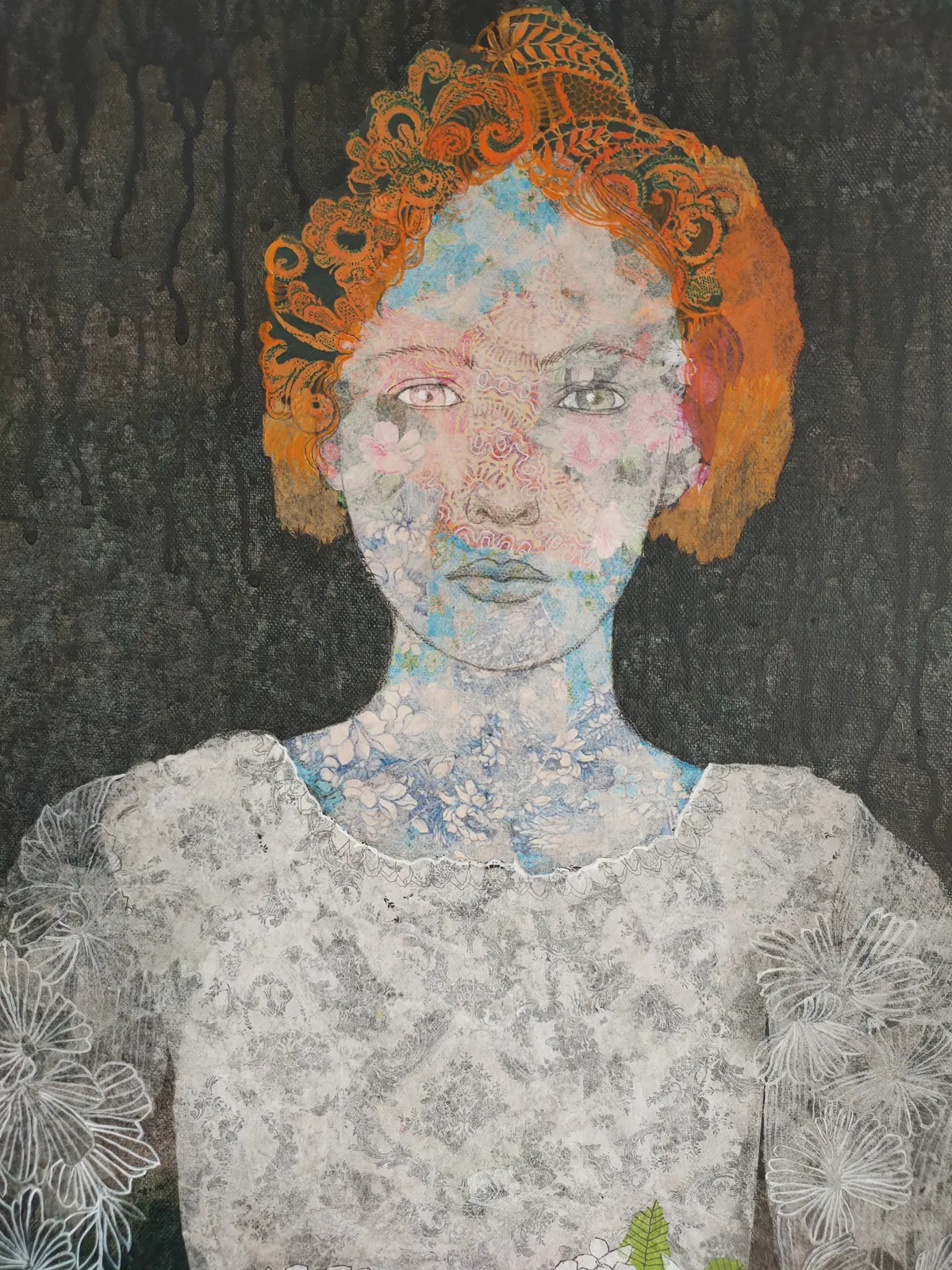 A painting of a woman in a red dress holding flowers.