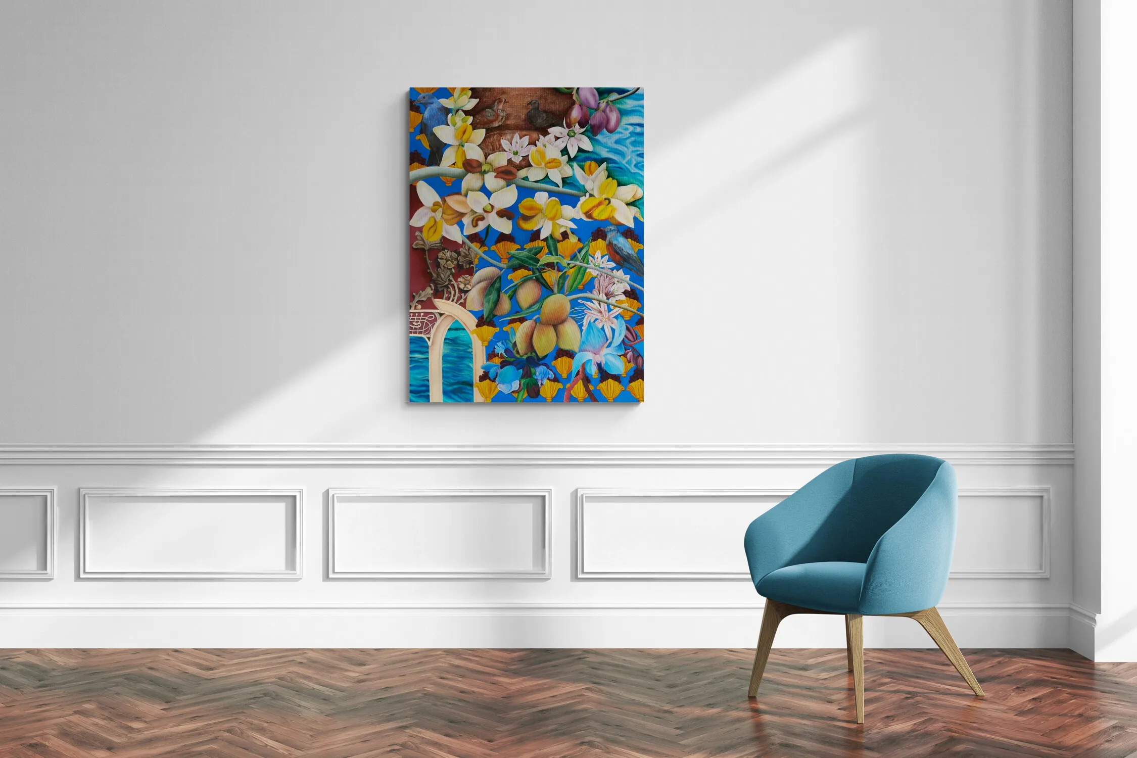 A painting of flowers and birds on a blue background.