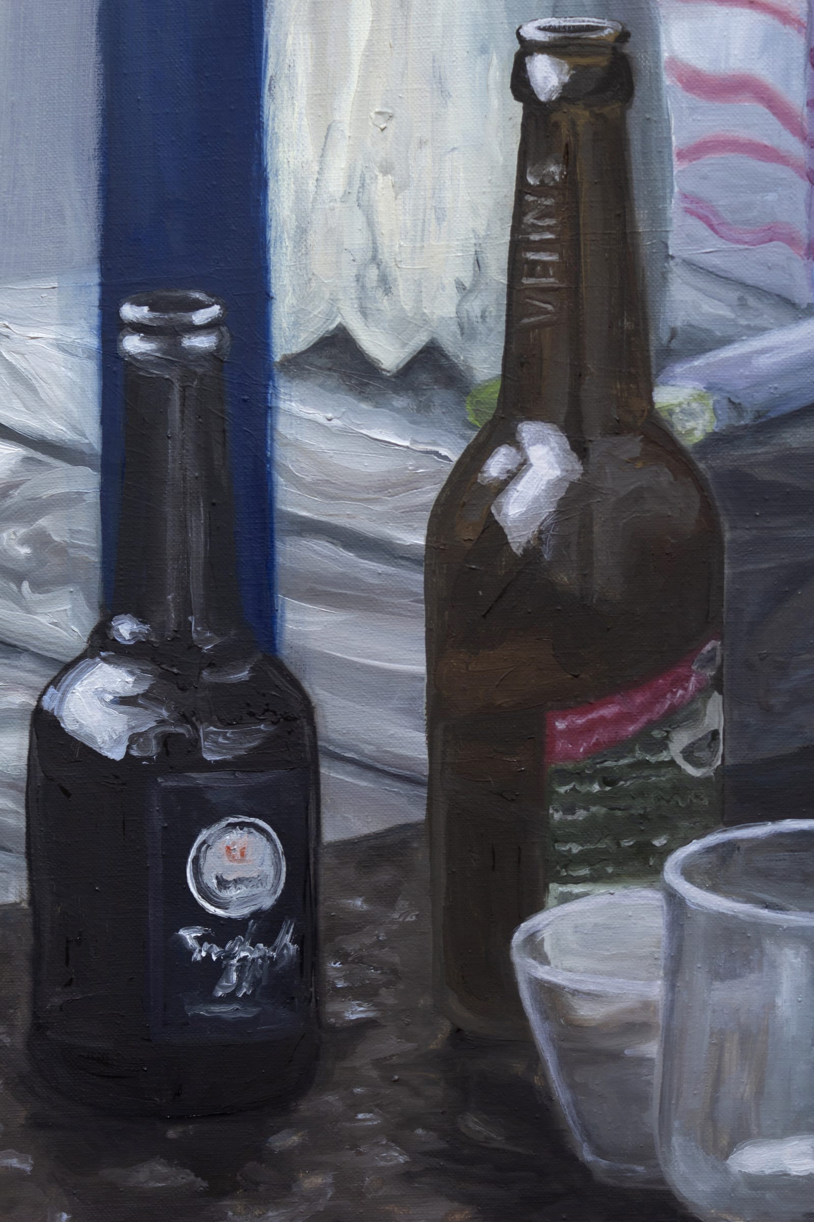 A painting of two men sitting at a table under an umbrella.