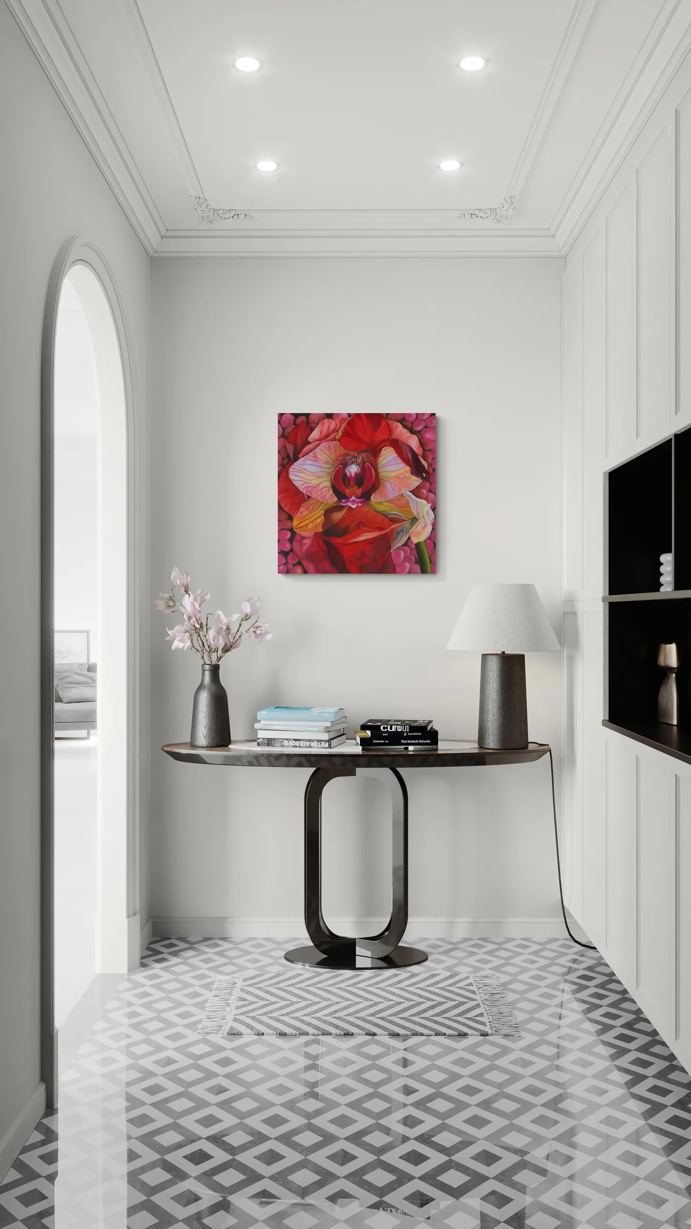 A painting of a red and yellow flower on a pink background.