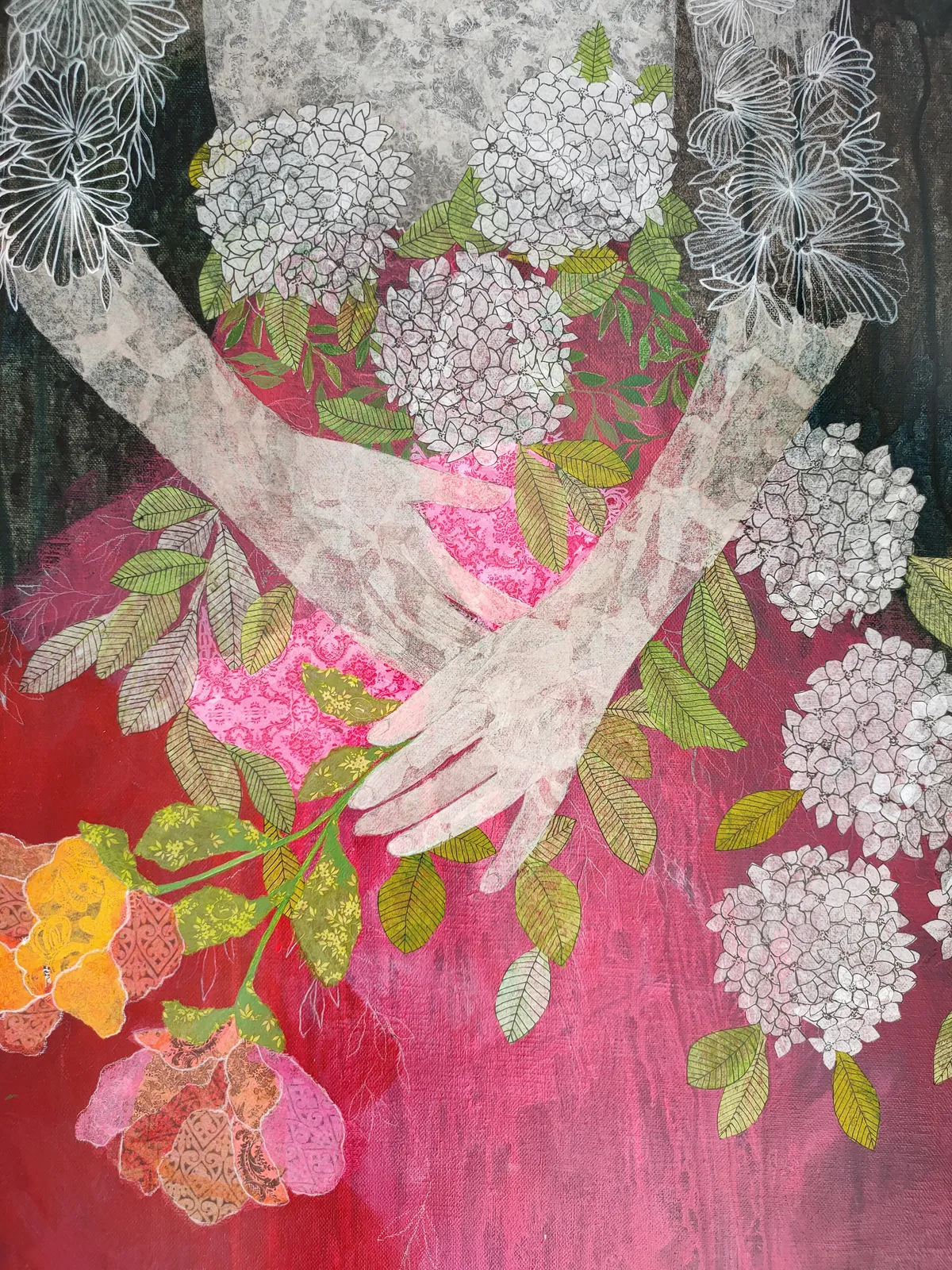 A painting of a woman in a red dress holding flowers.