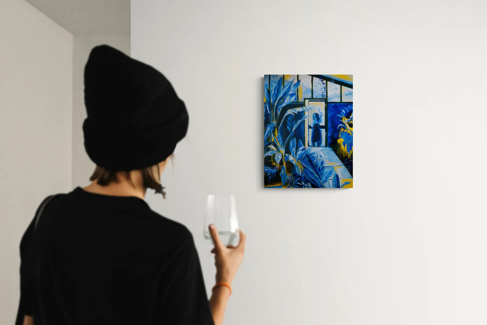 A painting of a woman standing in front of a window.
