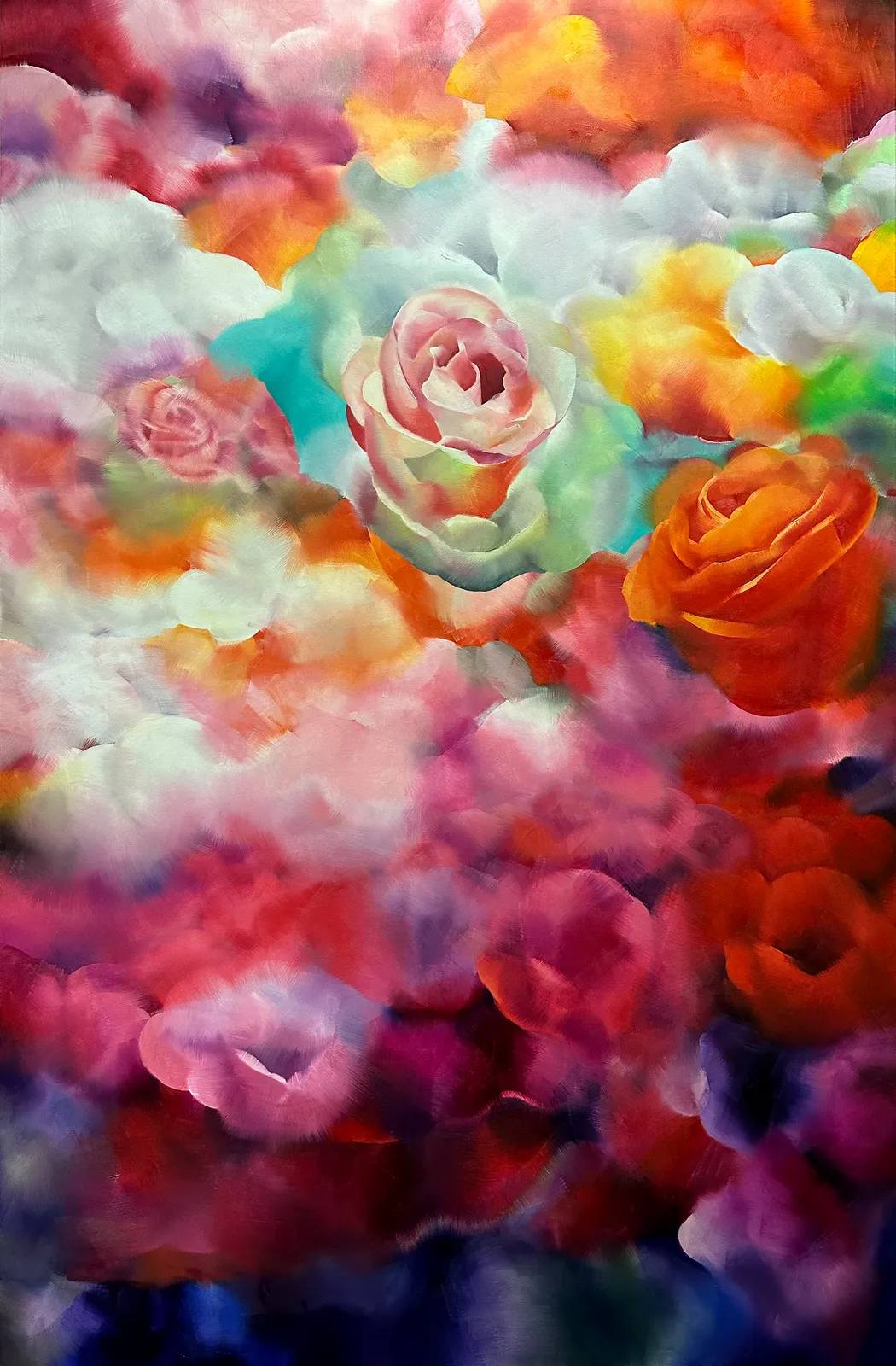 A painting of colorful roses in a field of flowers.
