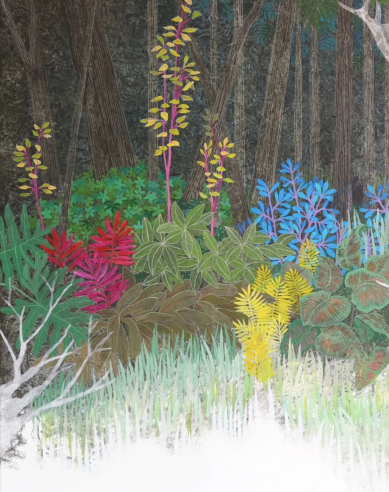 A painting of a deer in the woods surrounded by flowers.