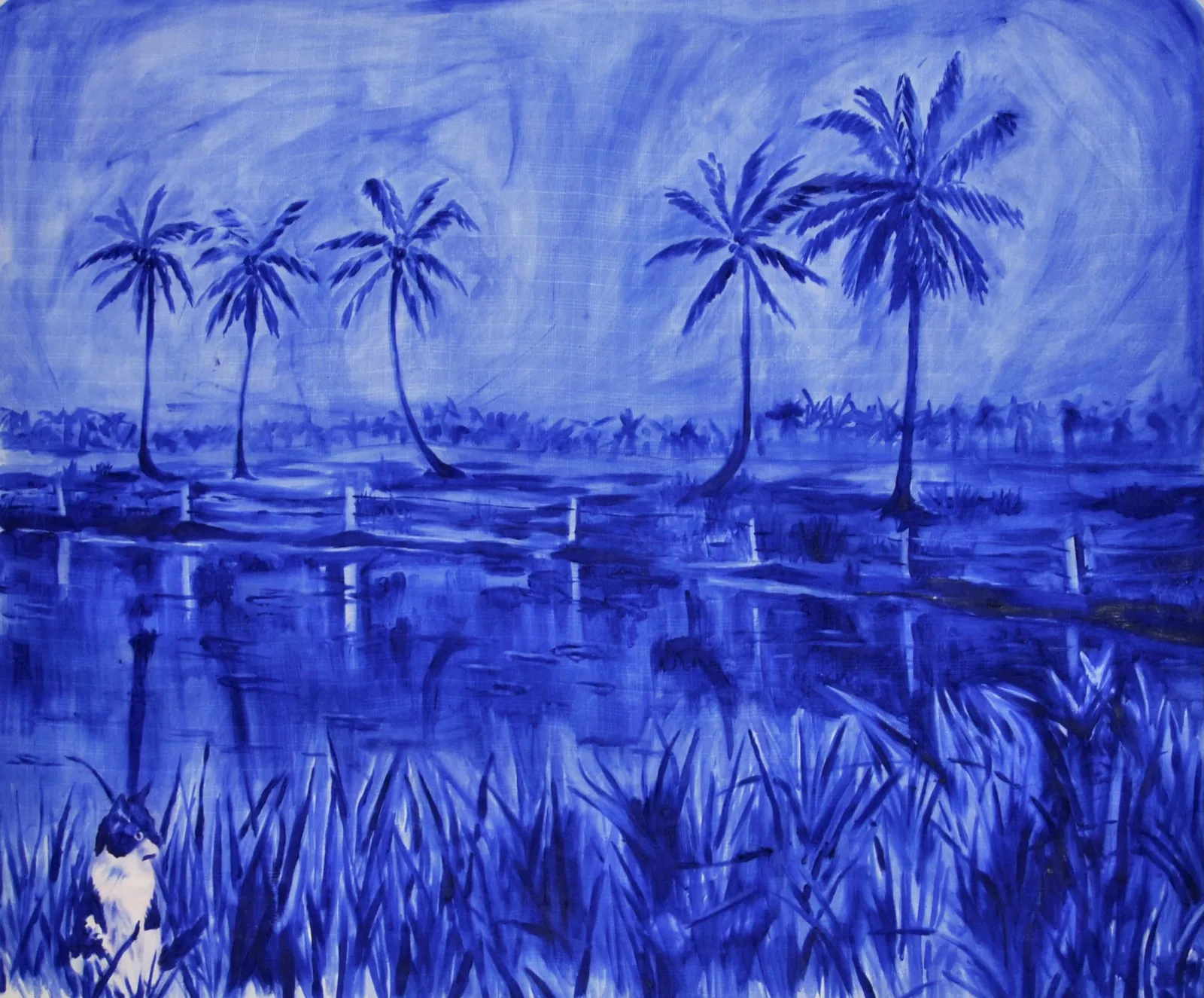 A monochromatic blue landscape featuring tall palm trees and a reflective water surface.