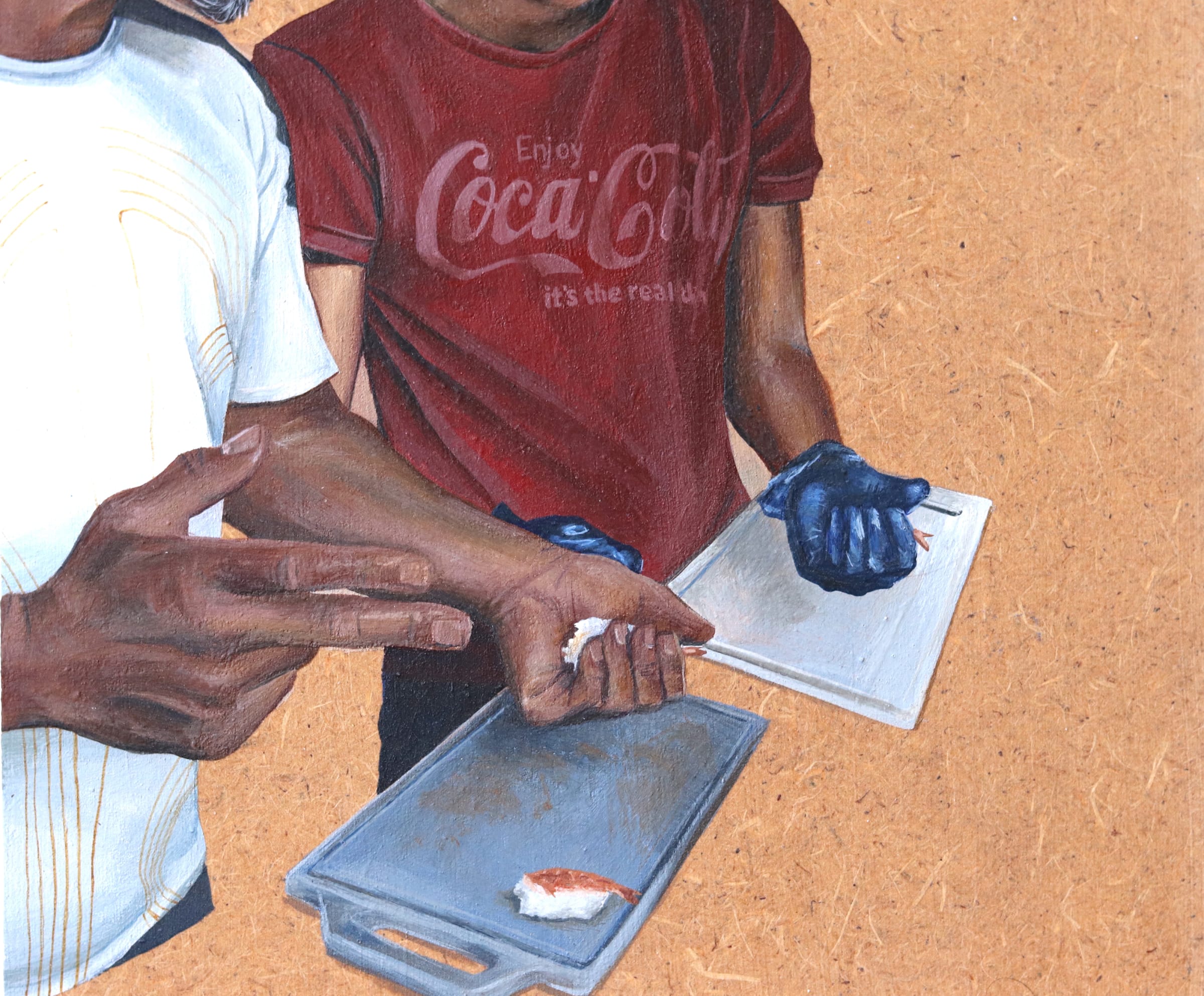 A painting of a man and a boy preparing food together.