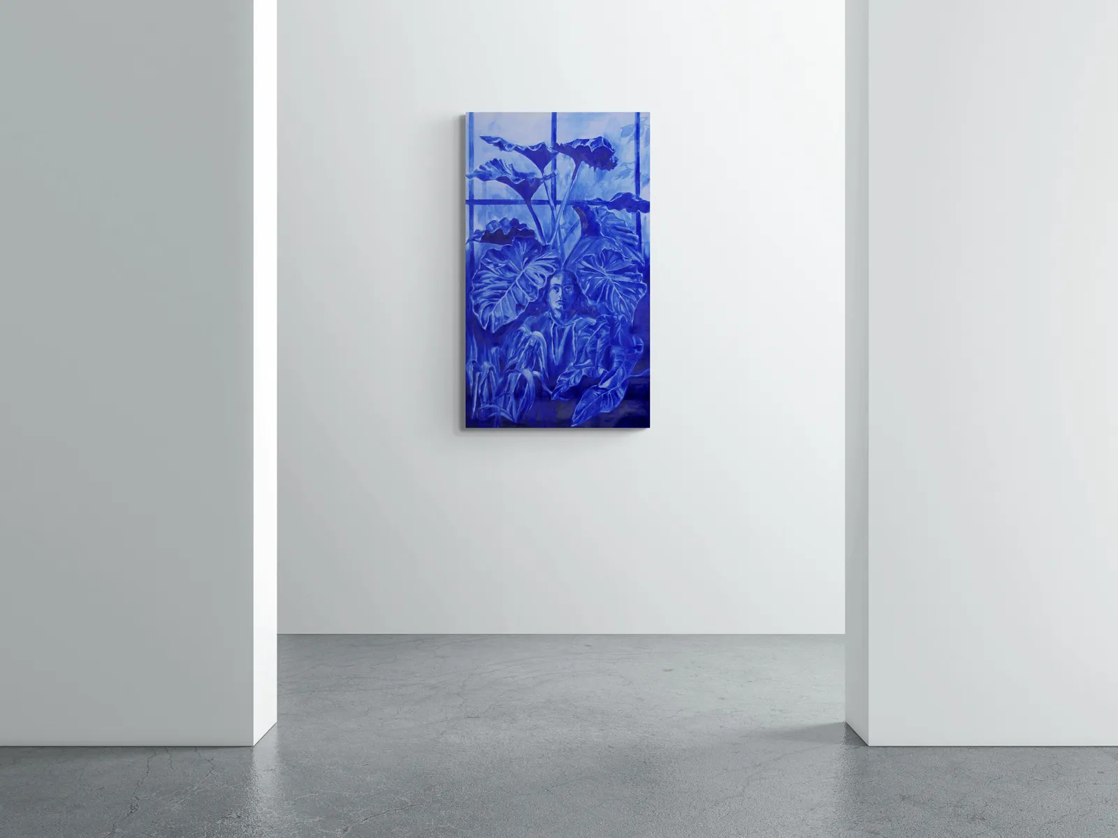 A monochromatic blue portrait of a figure emerging from large tropical leaves.