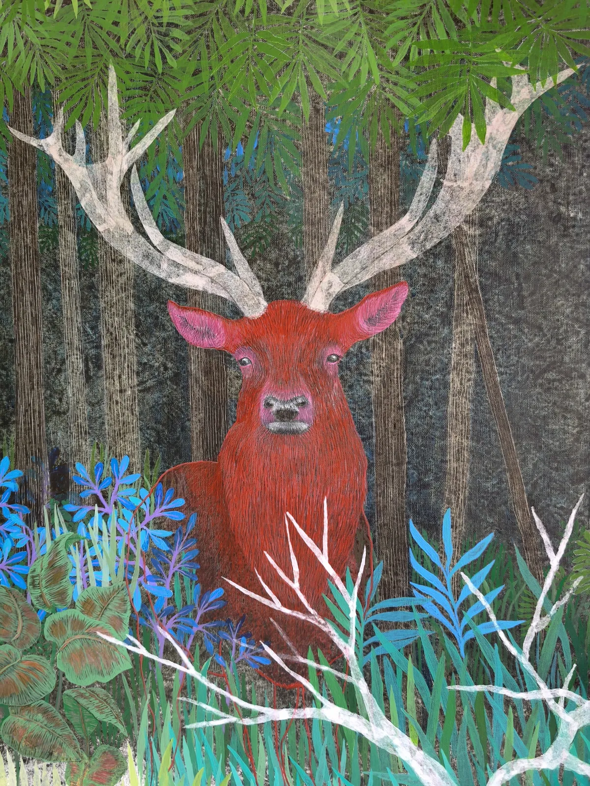 A painting of a deer in the woods surrounded by flowers.
