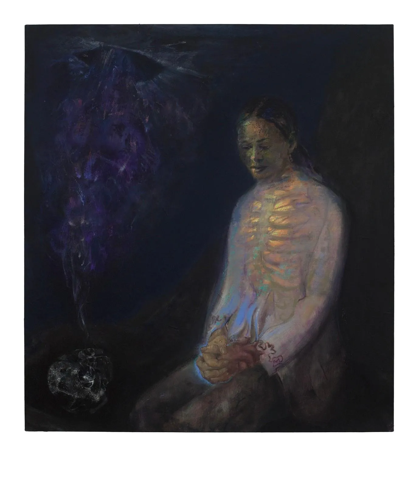 A painting of a woman sitting in front of a black background.