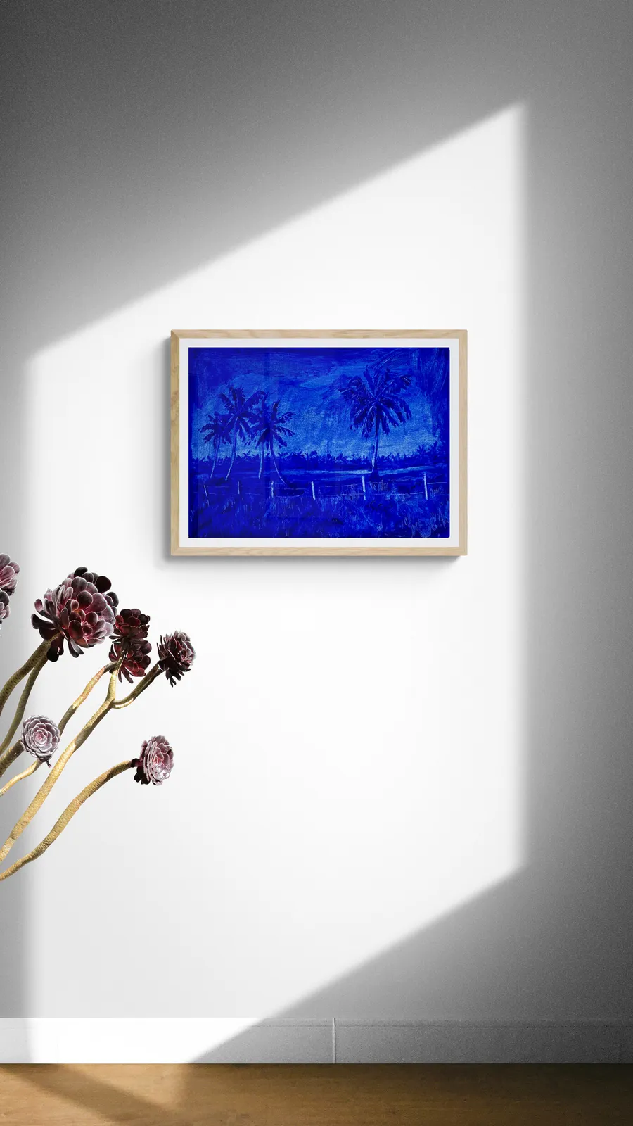 A blue and white drawing of palm trees in a field.