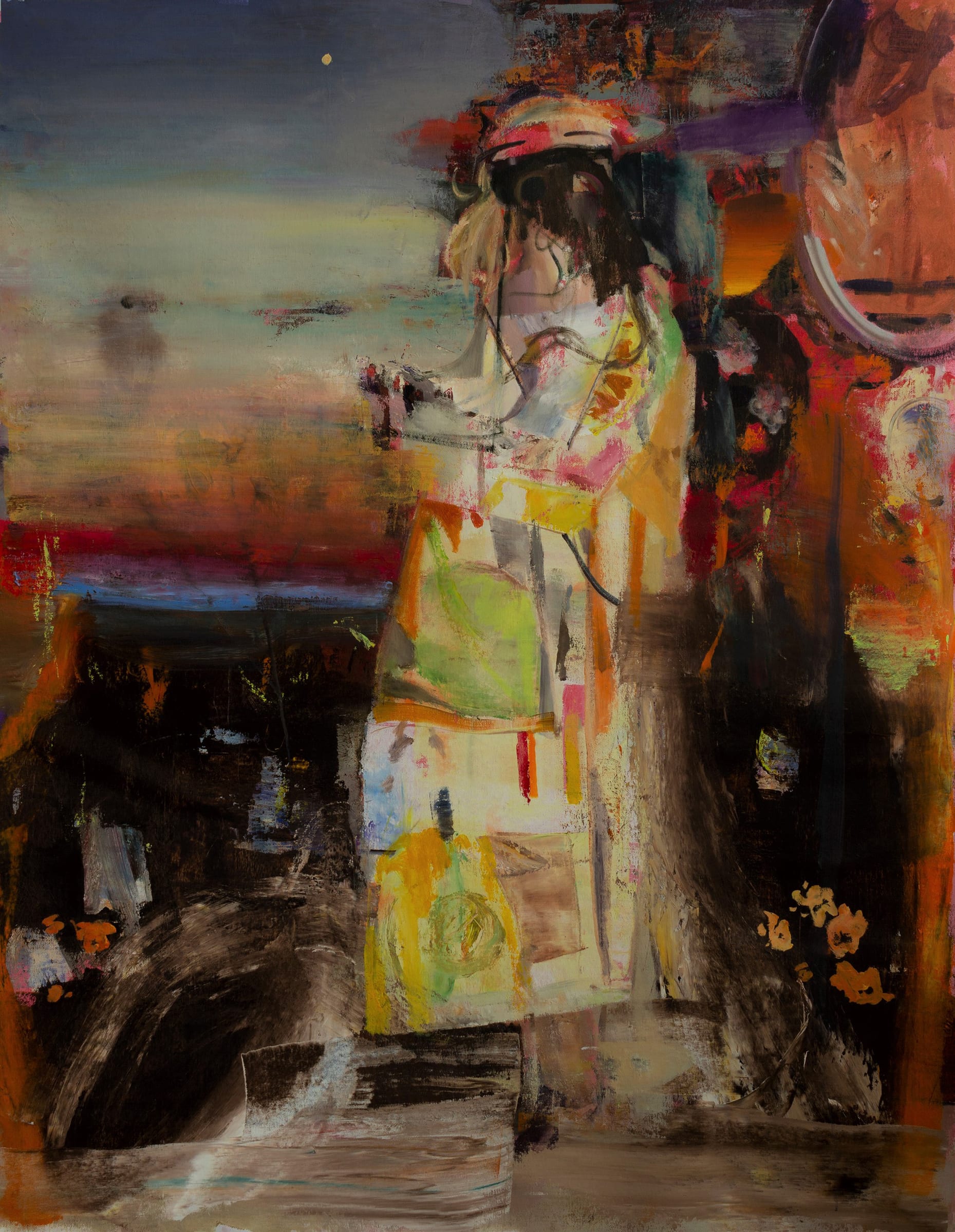 A painting of a woman standing in front of a sunset.