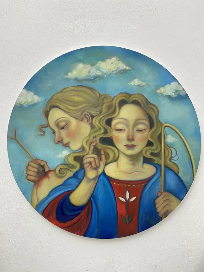 A painting of two angels holding a stick in their hands.