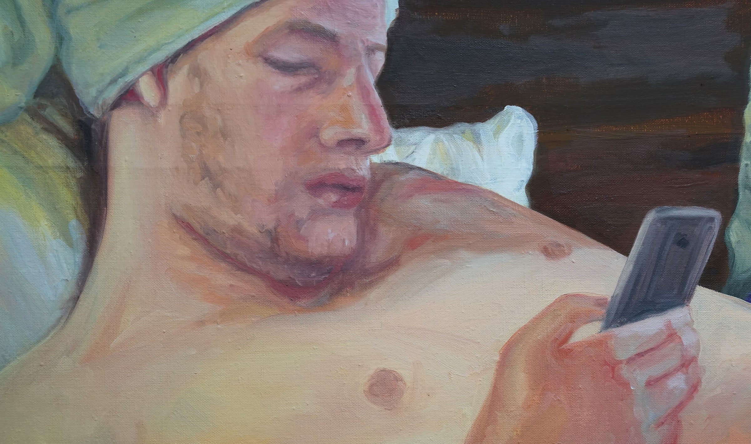 A painting of a man laying in bed with a towel on his head.