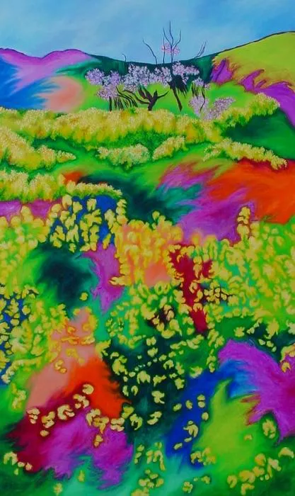a painting of a field of flowers with a tree in the background