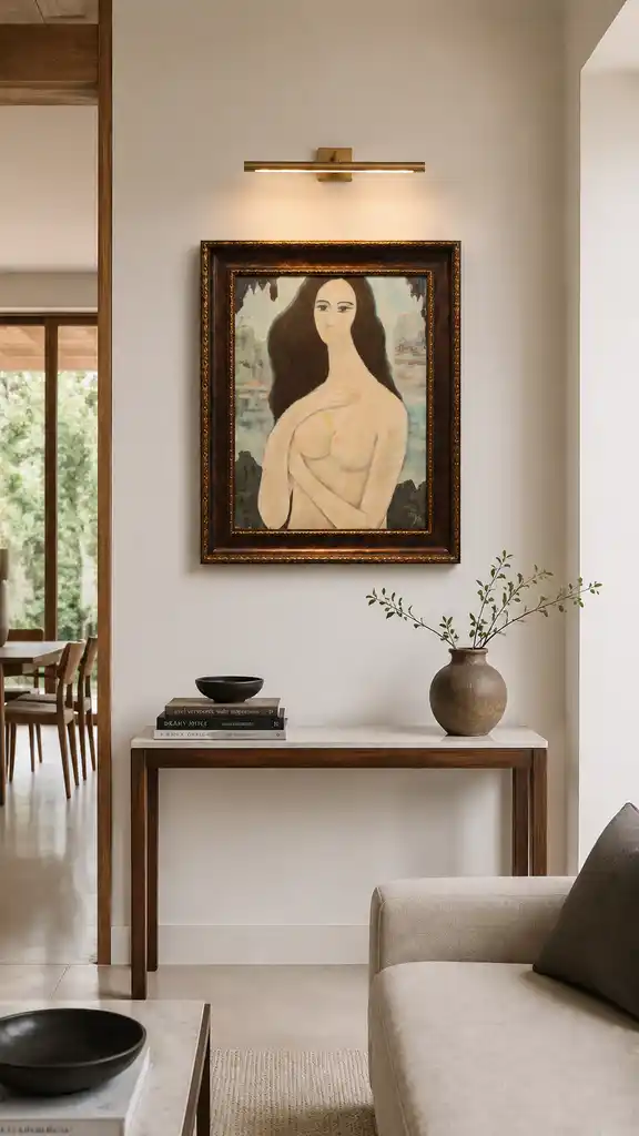 A framed painting of a nude figure with long dark hair against a landscape background.