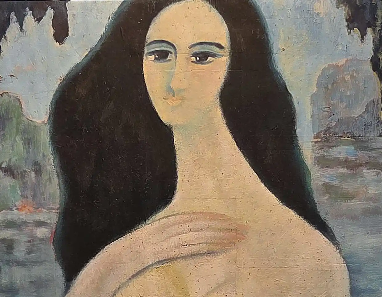 A framed painting of a nude figure with long dark hair against a landscape background.