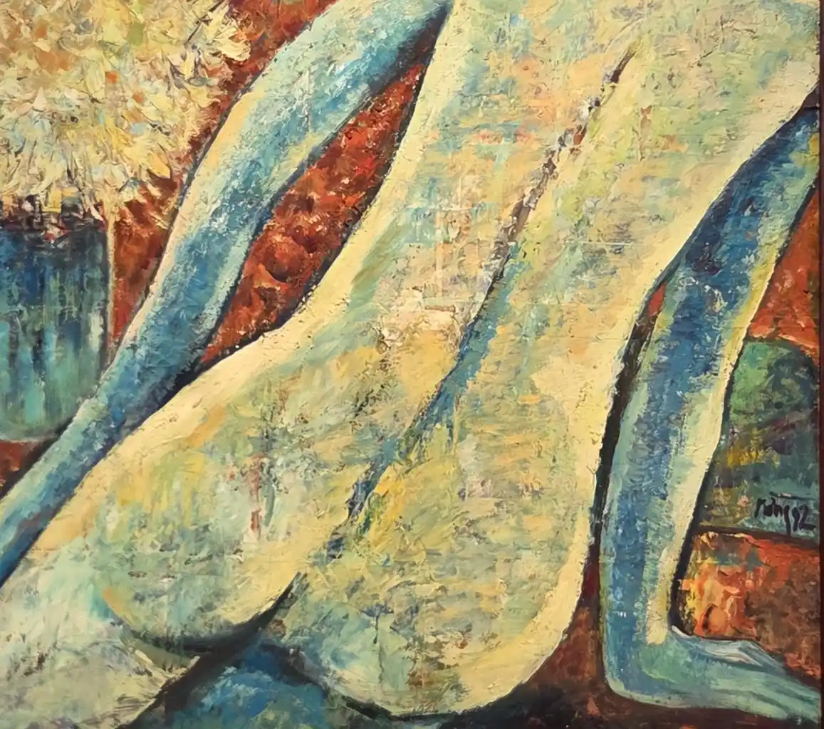 A thick-painted oil work of a seated figure in profile, viewed from behind.
