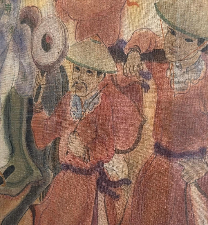 A traditional painting of a festive procession featuring figures in colorful robes, a horse, and ceremonial objects.