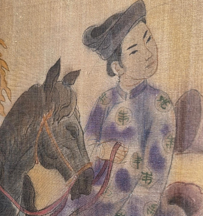 A traditional painting of a festive procession featuring figures in colorful robes, a horse, and ceremonial objects.