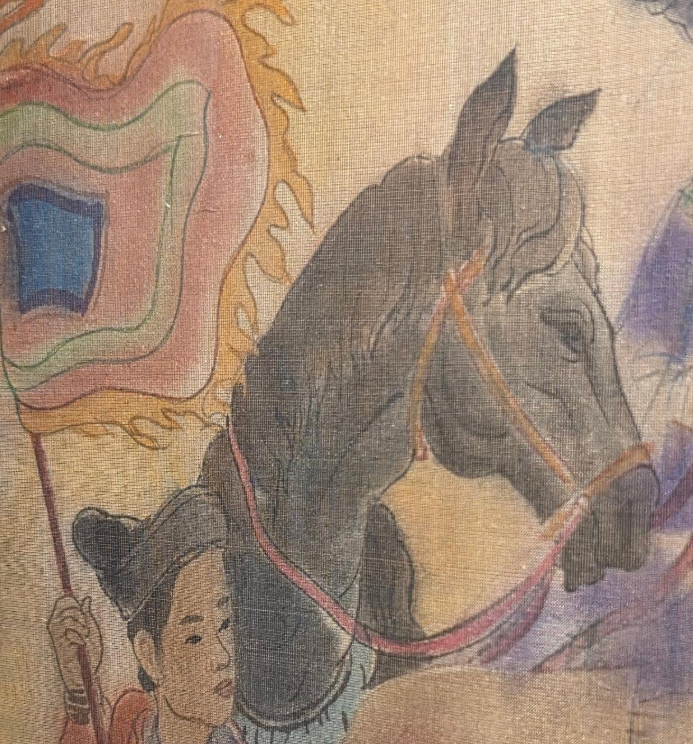 A traditional painting of a festive procession featuring figures in colorful robes, a horse, and ceremonial objects.