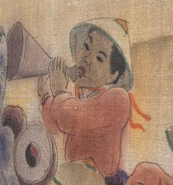A traditional painting of a festive procession featuring figures in colorful robes, a horse, and ceremonial objects.