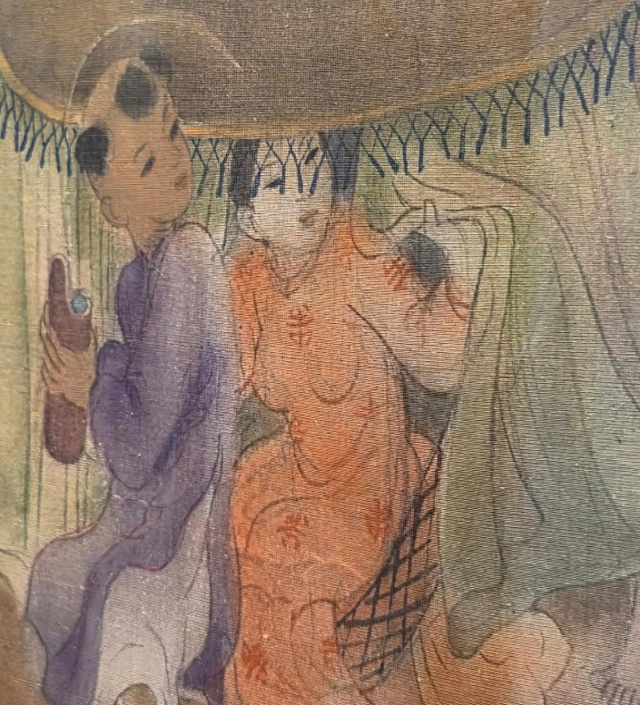 A traditional painting of a festive procession featuring figures in colorful robes, a horse, and ceremonial objects.