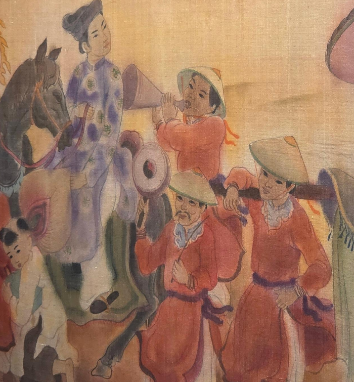 A traditional painting of a festive procession featuring figures in colorful robes, a horse, and ceremonial objects.