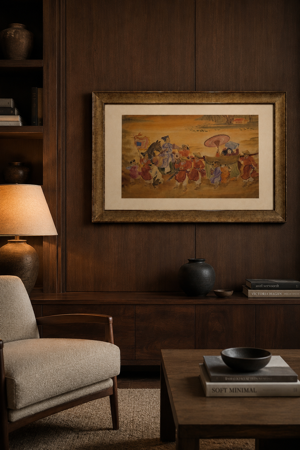 A traditional painting of a festive procession featuring figures in colorful robes, a horse, and ceremonial objects.