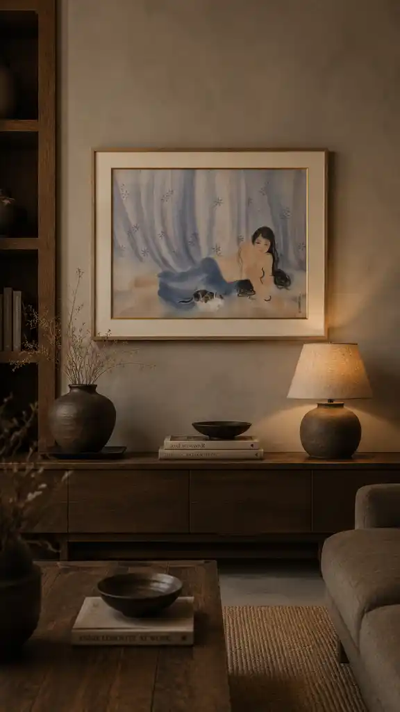 A serene watercolor painting of a reclining figure with long dark hair and a blue cloth, accompanied by a small cat.
