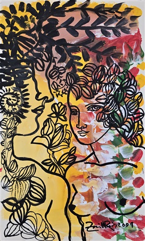 A painting of a woman with flowers in her hair.